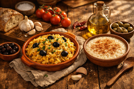 Receitas Portuguesas — A rustic table with traditional dishes including Bacalhau à Brás and Arroz Doce.