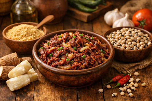 Beef dried beef — traditional Brazilian carne seca in a rustic bowl with ingredients like cassava flour and black-eyed peas.
