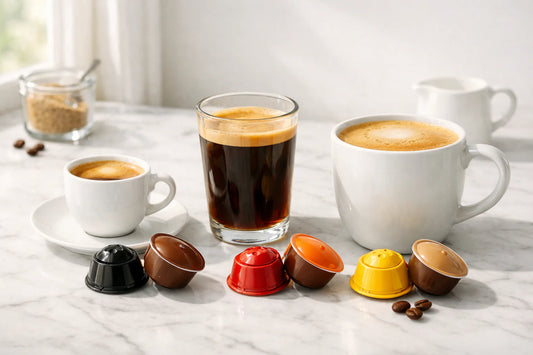 Dolce Gusto Espresso, Lungo, en Grande capsules naast de bijbehorende kopjes koffie op een marmeren blad.