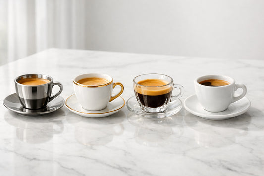 Delta Café comparison — four espresso cups in a row showing the Platinum, Gold, Diamante, and Espresso blends.
