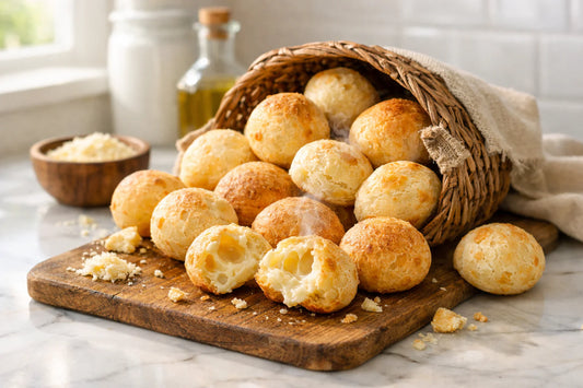 Pão de queijo — a basket of freshly baked Brazilian cheese bread on a kitchen counter.