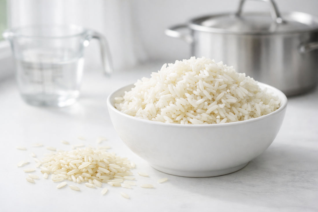 Long Grain Rice — bowl of fluffy cooked long grain rice with raw grains and preparation tools