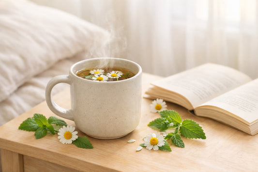 Kruidenthee voor beter slapen — een warme kop thee op een nachtkastje met verse kamillebloemen en citroenmelisse.