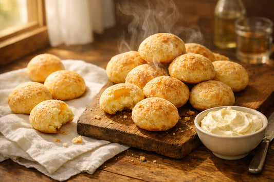Glutenvrije kaasbroodjes — a pile of freshly baked, golden-brown Brazilian cheese breads on a rustic wooden board.