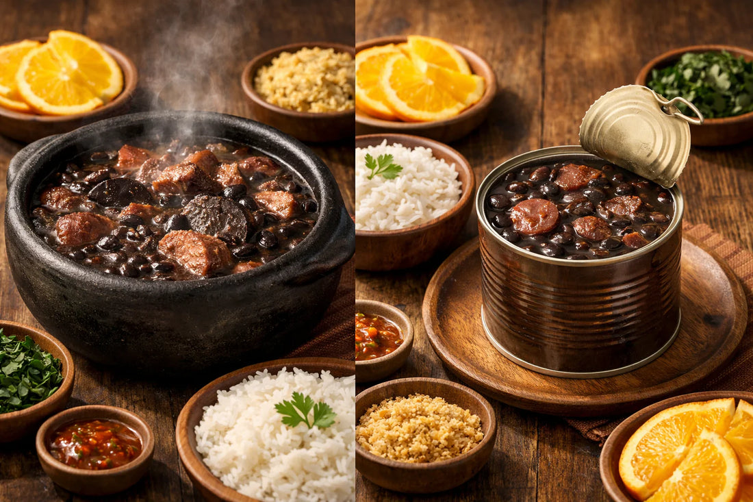 Feijoada — a comparison between a homemade stew in a clay pot and a can of Bordon Feijoada Pronta with side dishes.