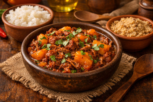 Carne Seca com Abóbora — a traditional Brazilian dried beef and pumpkin stew in a rustic bowl.