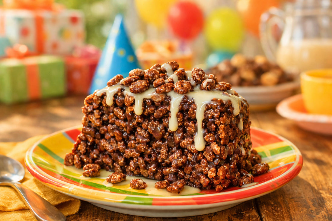 Bolo de Cereal — A slice of Brazilian cereal cake on a colorful plate, topped with extra cereal and a drizzle of condensed milk.