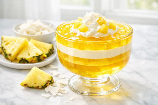 Royal Gelatina smaken — een gelaagd ananas gelatine dessert in een glazen kom met verse ananas.
