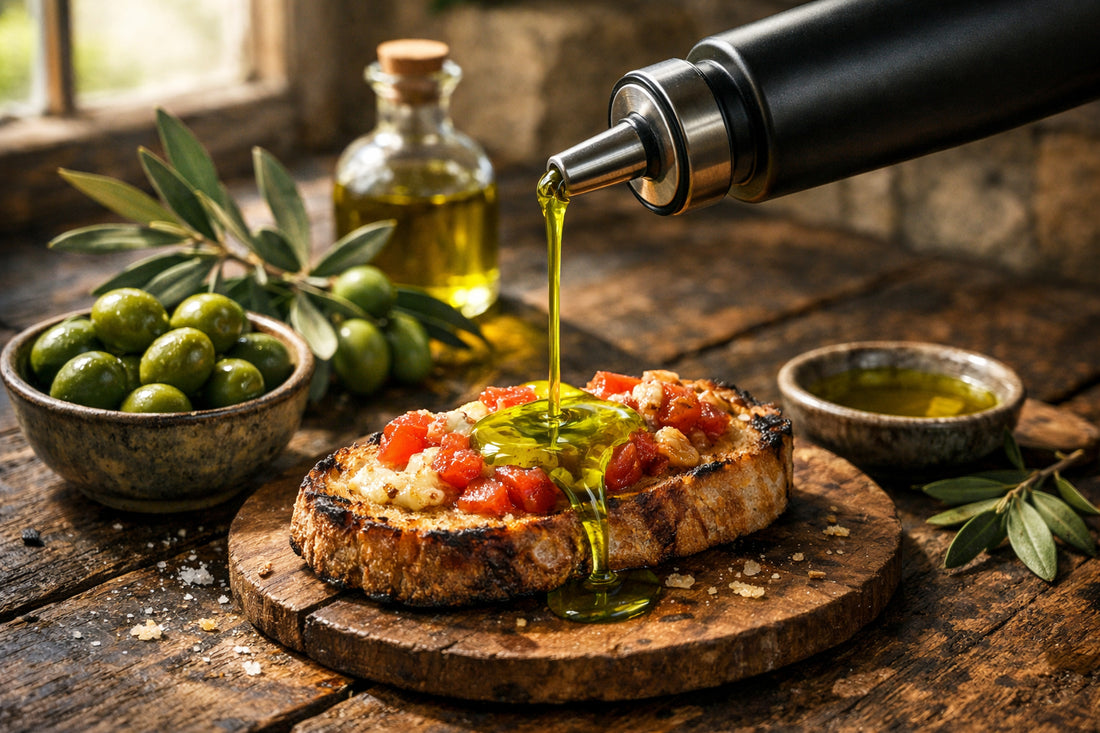 Coratina olijfolie — een fles intense, goudgroene olijfolie die over een rustieke bruschetta wordt gegoten.