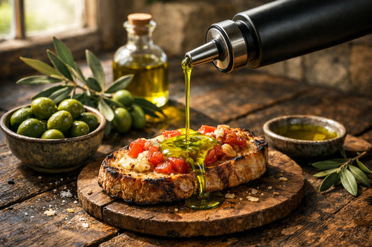 Coratina olijfolie — een fles intense, goudgroene olijfolie die over een rustieke bruschetta wordt gegoten.