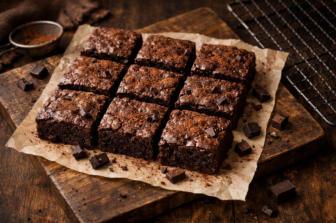 Belbake Brownie Mix — freshly baked fudgy brownies dusted with cocoa powder on a wooden board.