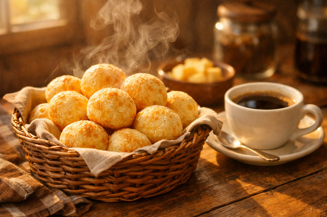 Pão de queijo na Holanda — a basket of freshly baked Brazilian cheese bread with steam rising, next to a cup of coffee.