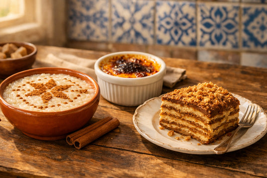 Sobremesas Portuguesas — A table with traditional desserts including Arroz Doce, Leite Creme, and Bolo de Bolacha.