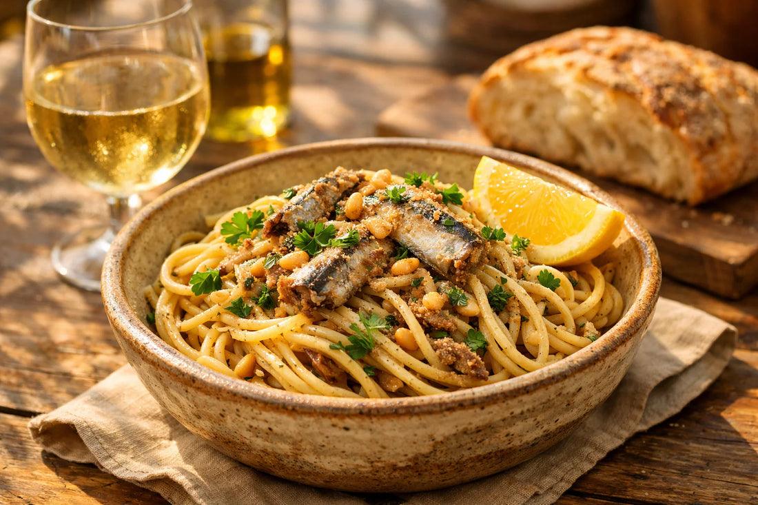 Mediterrane Sardine Pasta — A close-up of the finished dish in a ceramic bowl, garnished with fresh parsley and lemon.
