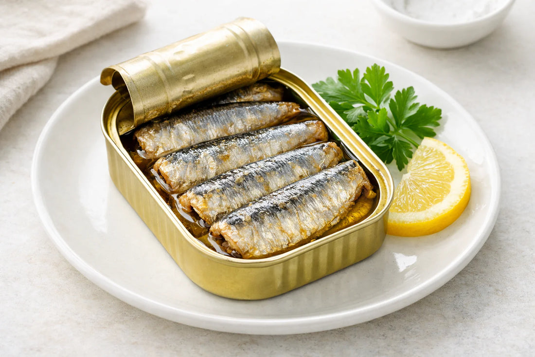 Portugese sardines — an open can of sardines arranged on a white plate with fresh parsley and a slice of lemon.