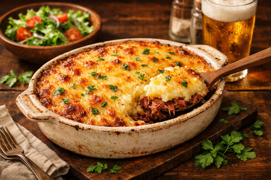 Escondidinho de Carne Seca — a freshly baked Brazilian shepherd's pie in a ceramic dish with a golden cheesy crust.