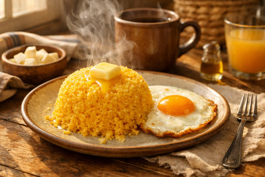 Cuscuz brasileiro — a fluffy plate of Brazilian cornmeal cuscuz with melting butter and a fried egg on a rustic table.