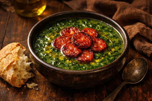 Caldo Verde — a rustic bowl of authentic Portuguese kale soup topped with chouriça slices.