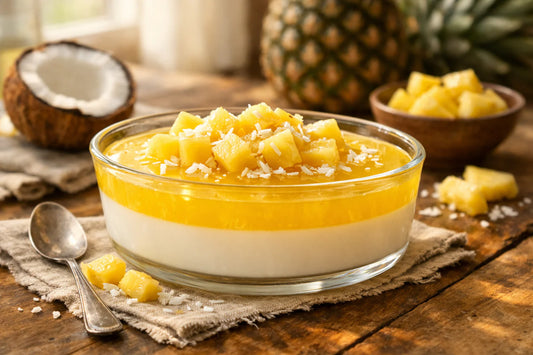 Gelatina recept — een gelaagd ananas- en kokosdessert in een glazen schaal, gegarneerd met verse ananas.