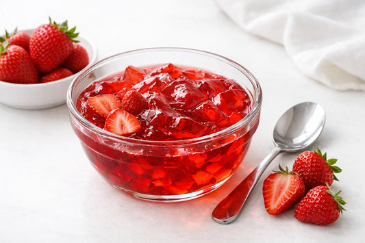 Gelatin — clear glass bowl of prepared strawberry gelatin with fresh strawberries