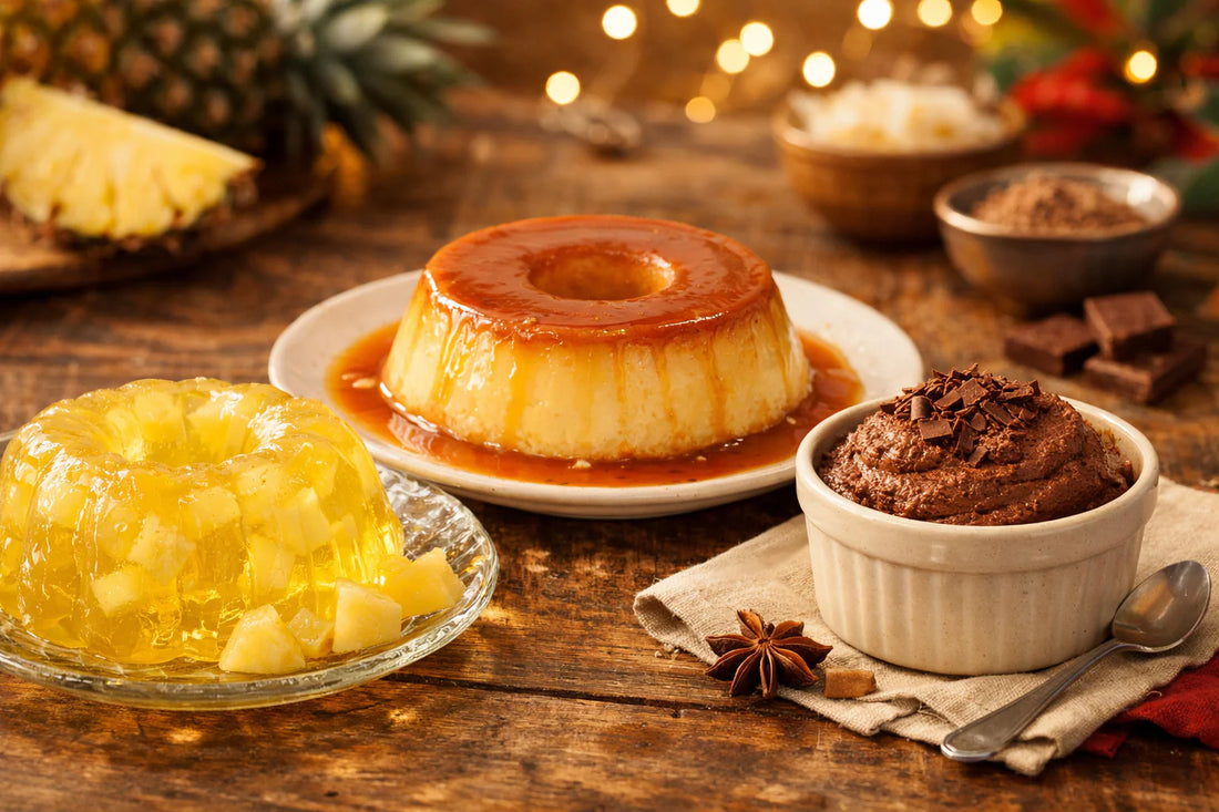Braziliaanse desserts — een vergelijking van gelatine, pudim de leite, en chocolade mousse op een rustieke tafel.