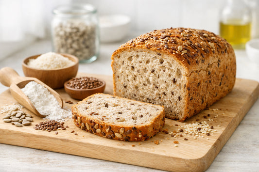 Schär glutenvrij brood ingrediënten — A loaf of multigrain gluten-free bread on a wooden board surrounded by its core ingredients.