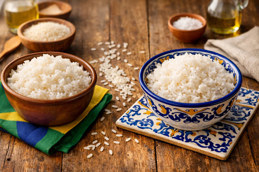 Braziliaanse vs Portugese Rijst — Twee kommen gekookte rijst die de merken Camil en Cigala vertegenwoordigen op een rustieke tafel.