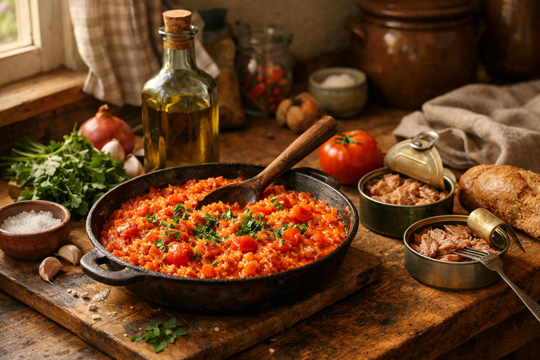 Receitas Portuguesas Rápidas — A cozy kitchen scene with a pan of Arroz de Tomate and fresh ingredients for a quick meal.