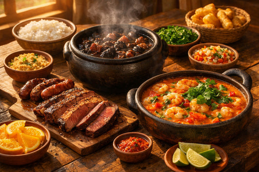 Receitas Brasileiras — a festive spread of traditional dishes like feijoada, moqueca, and picanha on a rustic table.