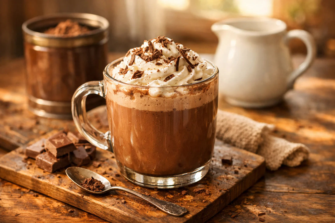 Zelfgemaakte Chocomel — A cozy glass of homemade hot chocolate on a rustic wooden table.