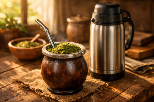 Erva Mate — A traditional chimarrão cuia and bomba straw ready for sharing on a rustic wooden table.