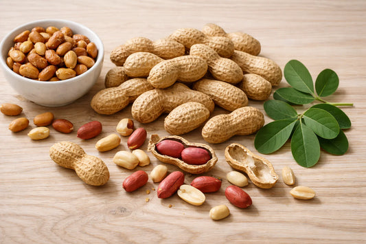 Peanut — fresh peanuts in shells and shelled, with roasted peanuts and green leaves on a wooden surface