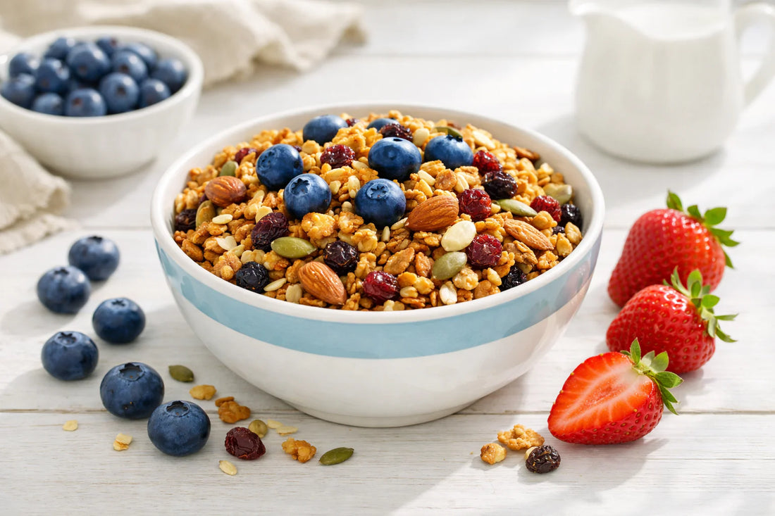 Wat is Granola — A healthy breakfast bowl of golden-brown granola topped with fresh blueberries and strawberries.