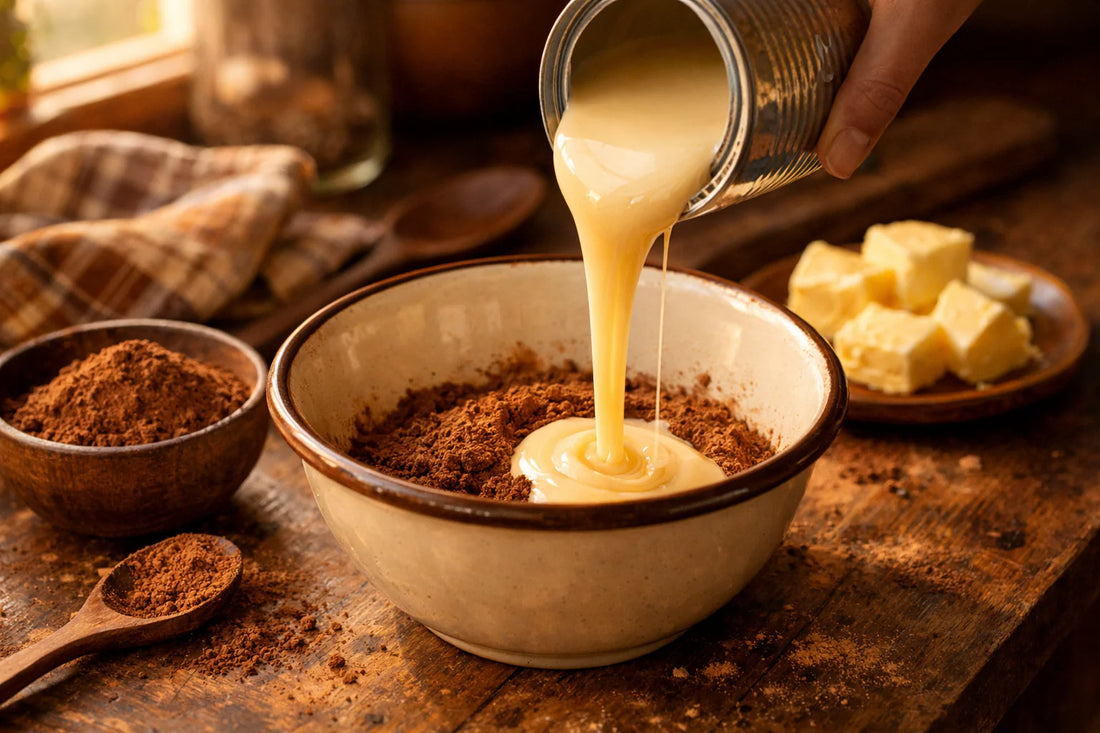 Leite Condensado — een blik gecondenseerde melk wordt in een kom gegoten om Braziliaanse brigadeiro te maken.