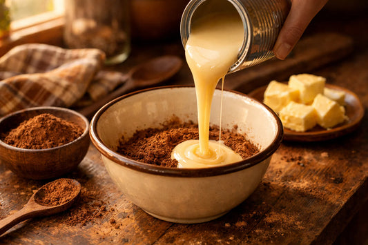 Leite Condensado — een blik gecondenseerde melk wordt in een kom gegoten om Braziliaanse brigadeiro te maken.