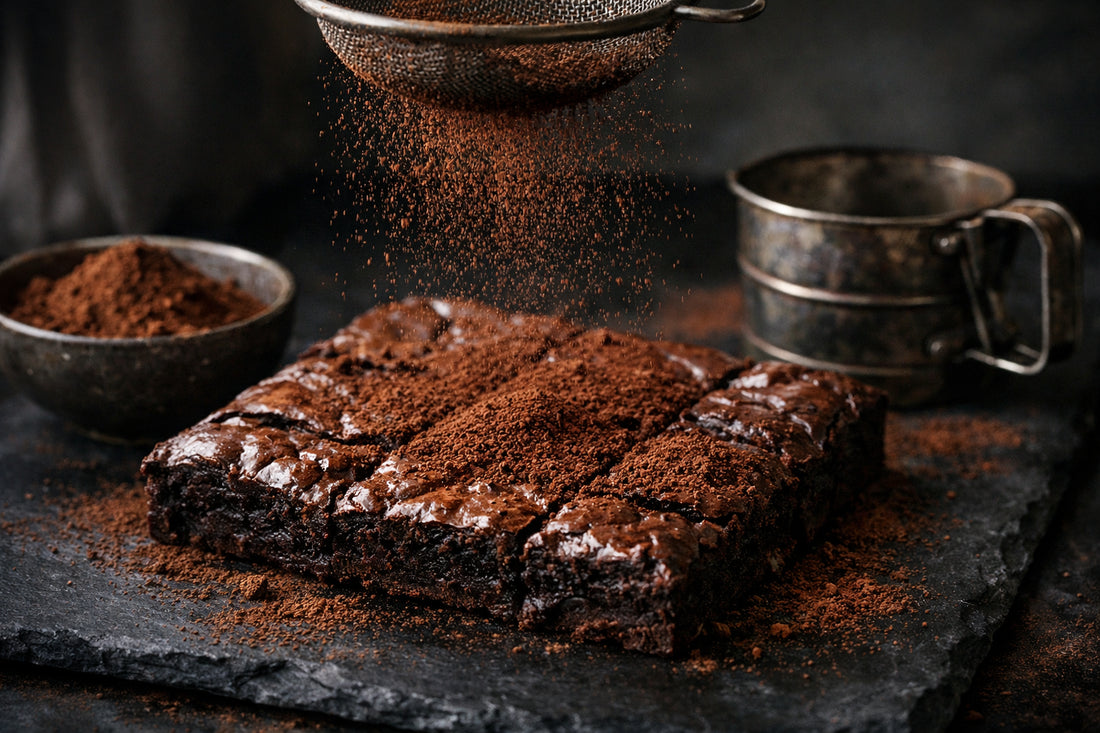 Cacaopoeder — donker cacaopoeder wordt over een fudgy brownie gezeefd op een leistenen ondergrond.