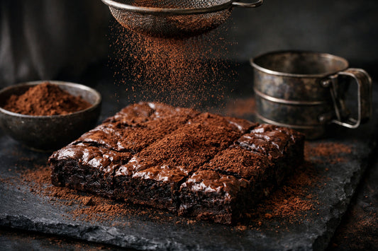 Cacaopoeder — donker cacaopoeder wordt over een fudgy brownie gezeefd op een leistenen ondergrond.