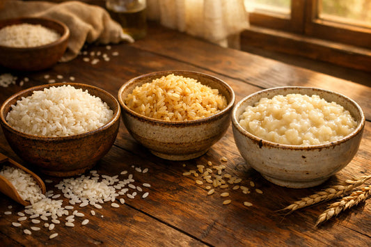 Portugese rijst — Three bowls comparing Agulha, Vaporizado, and Carolino rice types on a wooden table.