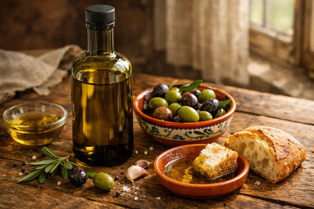 Esporaõ olijfolie — een fles premium extra vergine olijfolie met verse olijven en brood op een rustieke tafel.