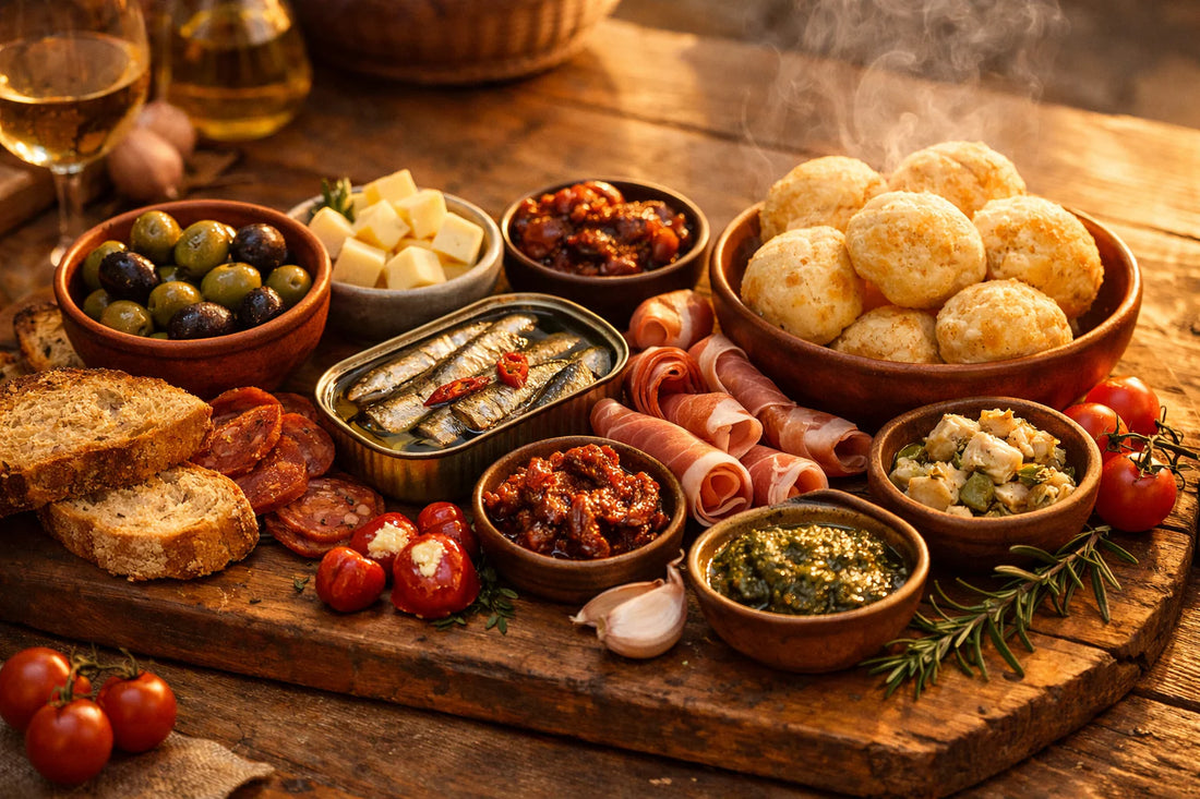 Zuid-Europese Tapas Plank — een houten plank vol met kazen, vleeswaren, olijven, en Ramirez sardines.