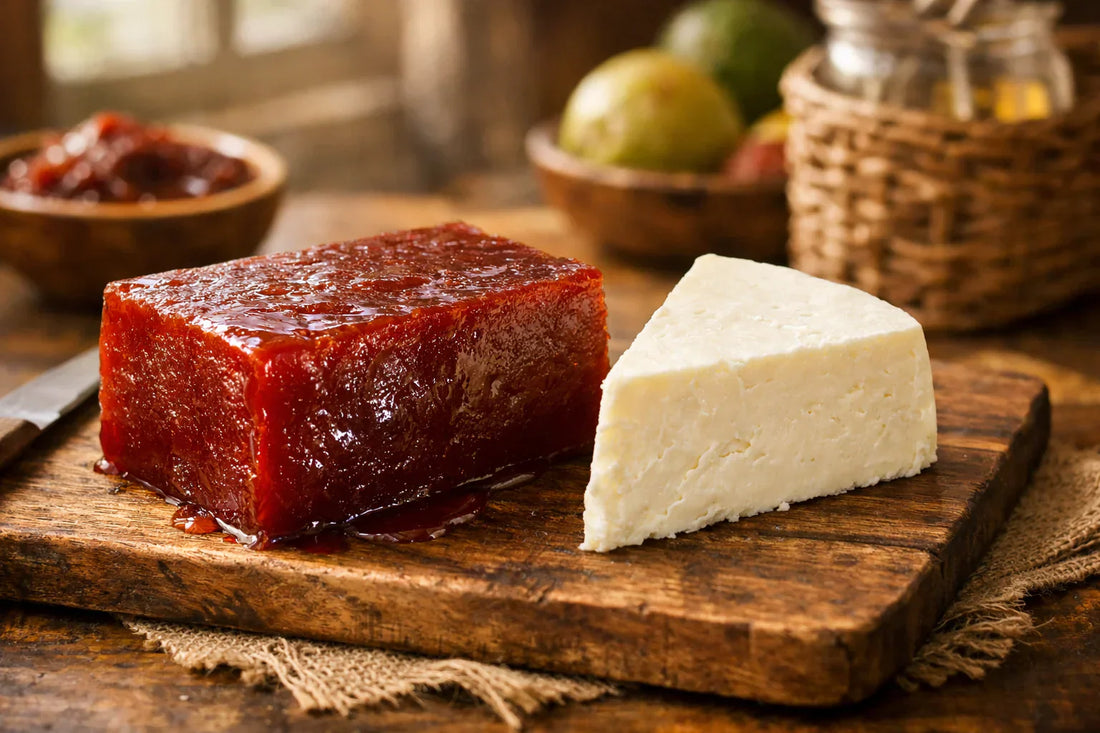 Goiabada recepten — een klassiek Romeu e Julieta dessert met een plak goiabada en witte kaas op een houten plank.