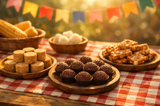 Doces de Festa Junina — a festive table with traditional Brazilian sweets like paçoquinha, pé-de-moleque, and brigadeiros.
