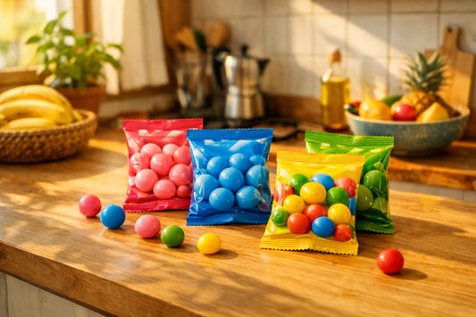 Dr Candy Bubblegum — Colorful packages of the Brazilian bubblegum arranged on a modern kitchen counter.