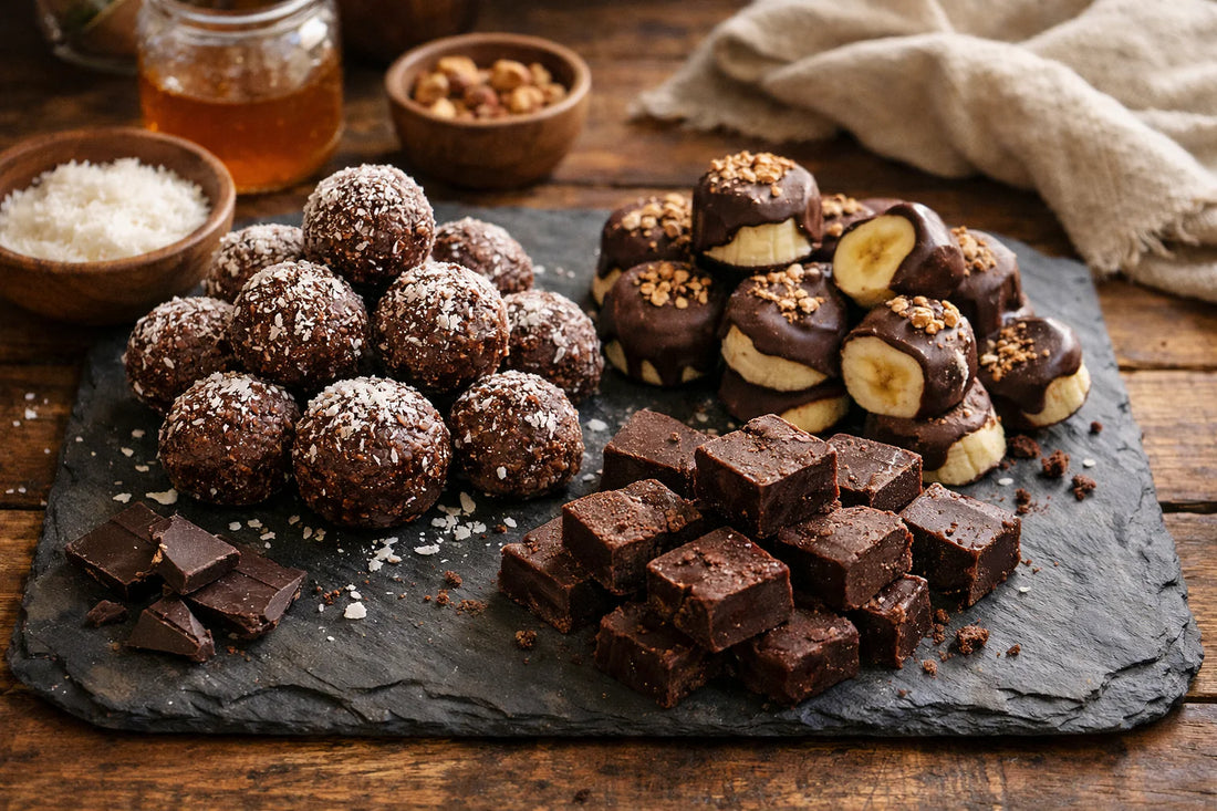Gezonde chocolade snacks — an assortment of homemade chocolate coconut balls, banana bites, and fudge on a platter.