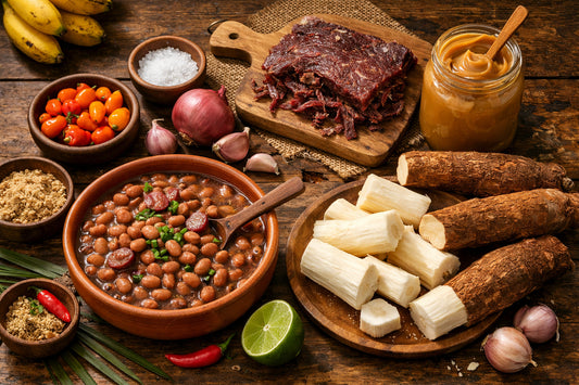 Ingredientes brasileiros — a flat lay of feijão carioca, carne seca, mandioca, and doce de leite on a wooden table.