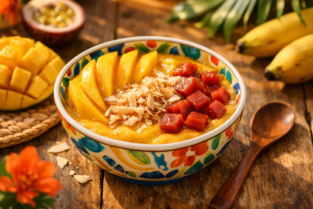 Braziliaanse Tropical Bowl — a vibrant mango bowl with coconut and goiabada toppings in a ceramic bowl.
