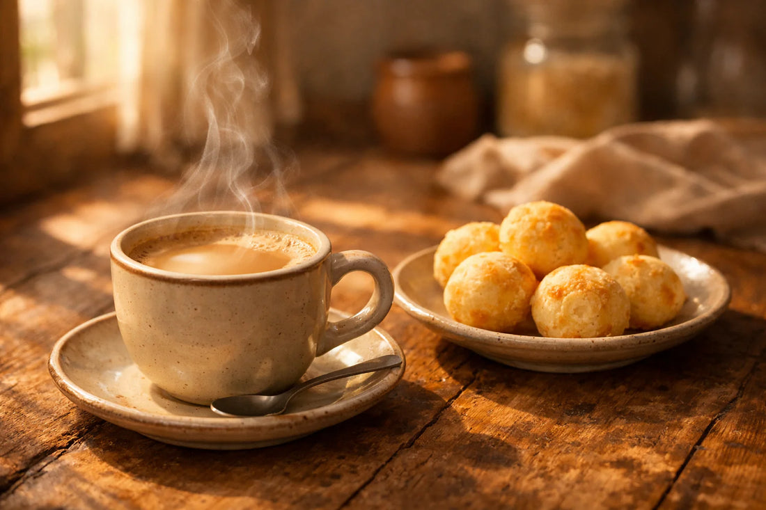 Café com Leite — een dampende kop koffie met melk naast Braziliaanse kaasbroodjes (pão de queijo) op een houten tafel.