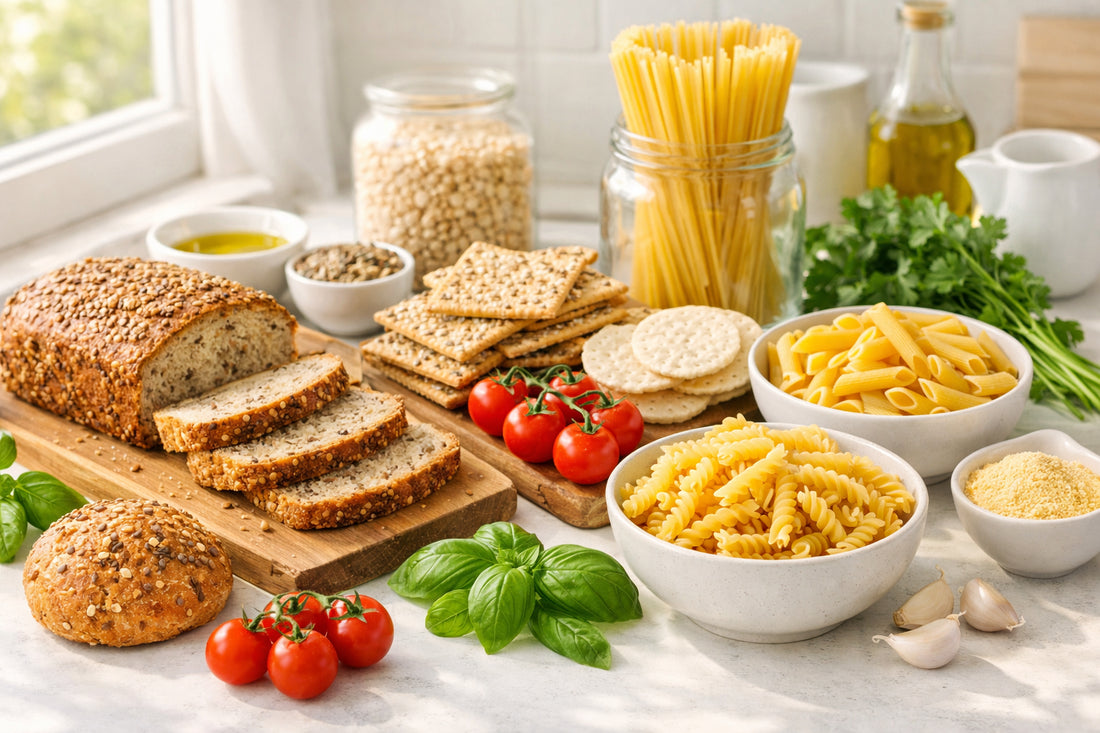 Coeliakie Nederland — A bright kitchen counter with a variety of fresh gluten-free foods like bread and pasta.
