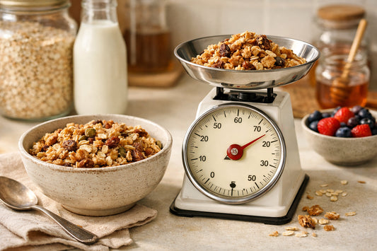 Eat Natural Granola — a bowl of granola next to a kitchen scale demonstrating portion control for saving money.