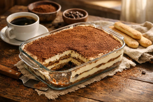 Tiramisu recept — een zelfgemaakte Tiramisu in een glazen schaal, met een plak eruit gesneden om de lagen te tonen.